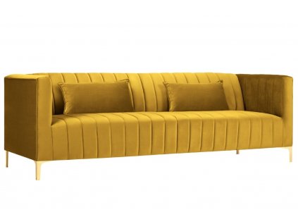 Sárga bársony háromszemélyes kanapé MICADONI ANNITE 220 cm, aranyszínű talppal