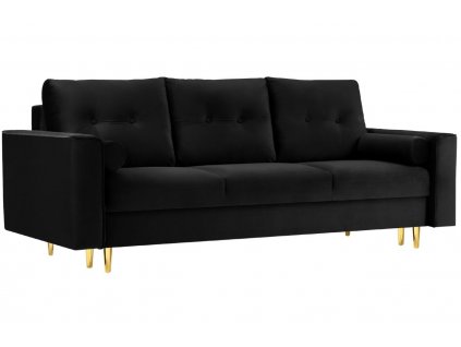 Fekete bársony háromszemélyes kanapéágy MICADONI LEONA 222 cm, arany alappal