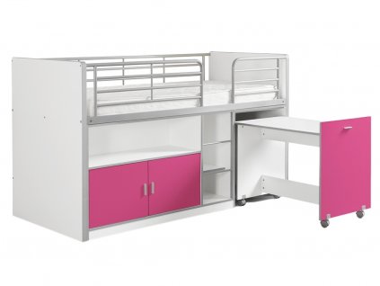 Fukszia rózsaszín fa emeletes ágy asztallal és komóddal Vipack Bonny 200 x 90 cm