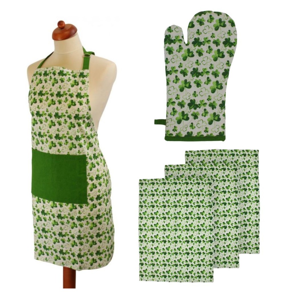 HOME ELEMENTS Set zástěra, chňapka s magnetem, 3 utěrky, Čtyřlístek  Home Elements