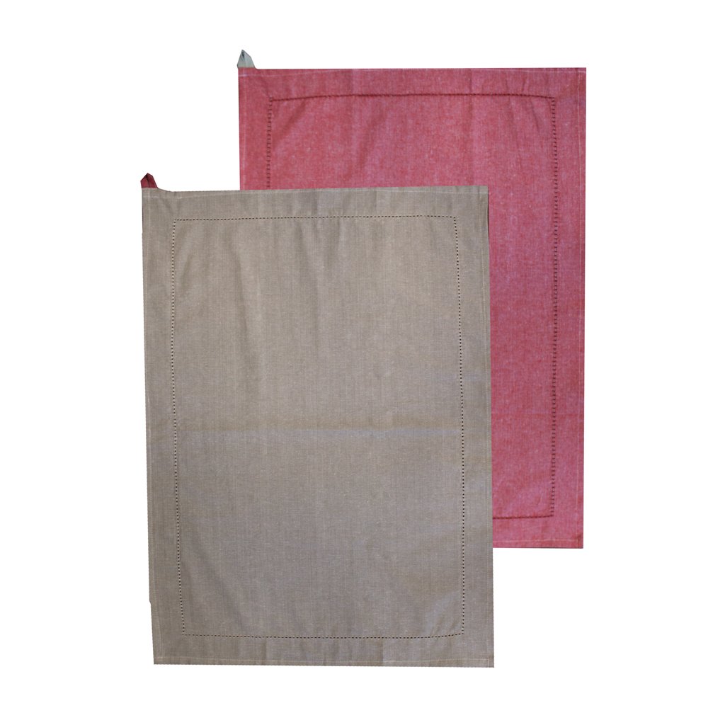 Utěrka z recyklované bavlny, 2 ks, 50 x 70 cm, béžová + červená