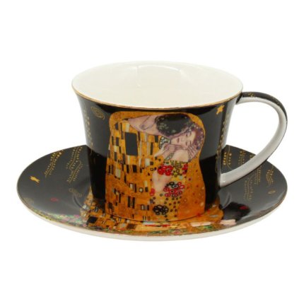 HOME ELEMENTS Porcelánový hrnek s podšálkem 250 ml, Klimt, Polibek tmavý