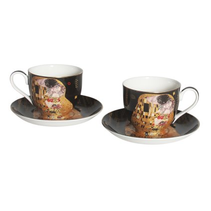 HOME ELEMENTS Sada dvou porcelánových hrnků 270 ml s podšálky, Klimt Polibek zlatý