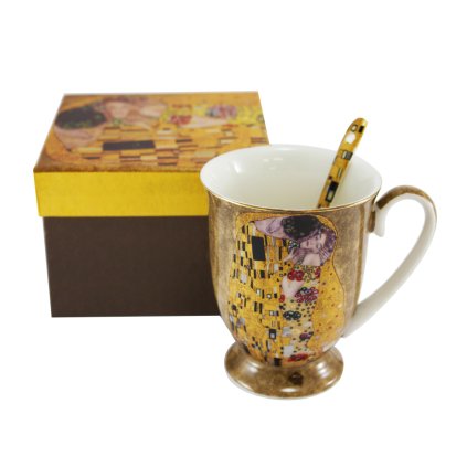 HOME ELEMENTS Porcelánový hrnek se lžičkou 280 ml, Klimt, Polibek zlatý