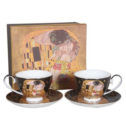 HOME ELEMENTS Porcelánový šálek s podšálkem 2 x 250 ml, Klimt  Polibek tmavý