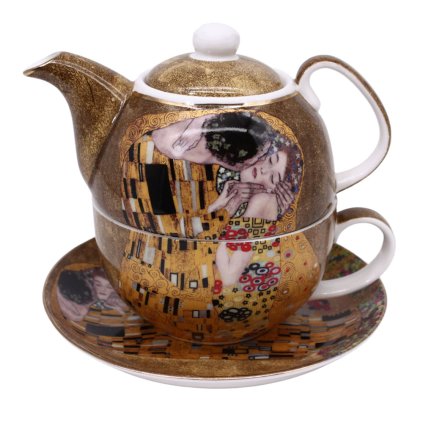 HOME ELEMENTS Souprava na čaj 3 ks, Klimt, Polibek, zlatý odstín