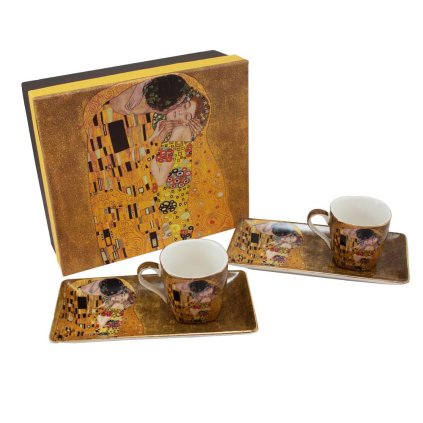 HOME ELEMENTS Espresso set 2 x 65 ml s podtácky, Klimt  Polibek zlatý