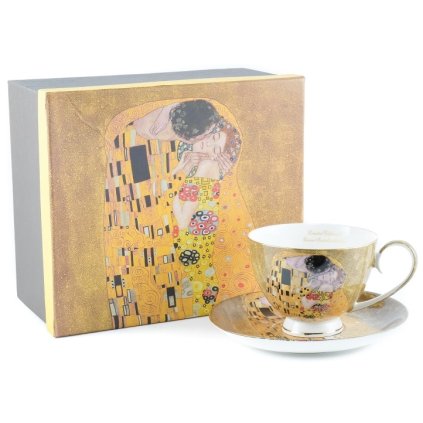 HOME ELEMENTS Porcelánový hrnek s podšálkem 250 ml, Klimt,Polibek zlatý