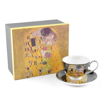 HOME ELEMENTS Porcelánový hrnek s podšálkem 250 ml, Klimt,Polibek tmavý