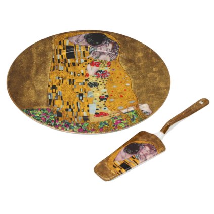 HOME ELEMENTS Porcelánový kulatý talíř na dort se lžící, Klimt, Polibek zlatý