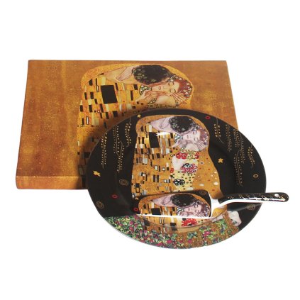 HOME ELEMENTS Porcelánový kulatý talíř na dort se lžící, Klimt, Polibek tmavý