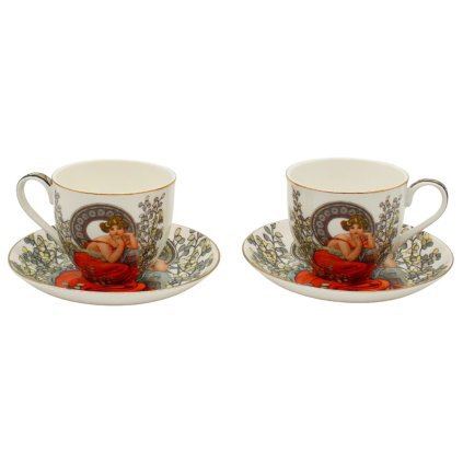 HOME ELEMENTS Sada dvou porcelánových hrnků 270 ml s podšálky, Mucha světlý