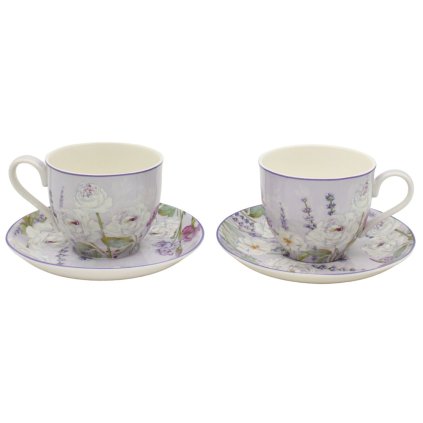 HOME ELEMENTS Sada dvou porcelánových hrnků 270 ml s podšálky, Levandule