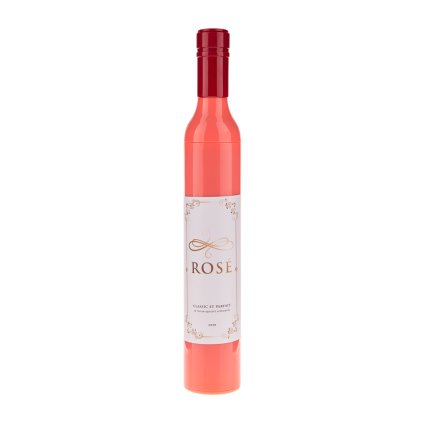 Skládací deštník v obalu ve tvaru láhve růžového vína