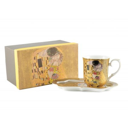 HOME ELEMENTS Porcelánový hrnek 360 ml s podtáckem, Klimt Polibek zlatý