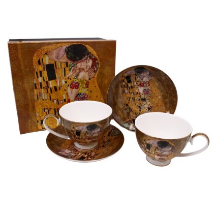 HOME ELEMENTS Porcelánový šálek s podšálkem 2 x 250 ml, Klimt Polibek zlatý