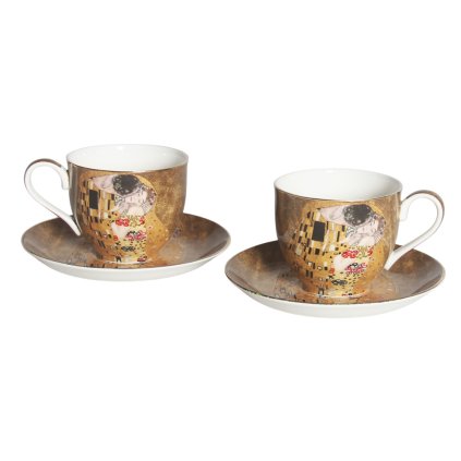 HOME ELEMENTS Sada dvou porcelánových hrnků 270 ml s podšálky, Klimt, Polibek tmavý