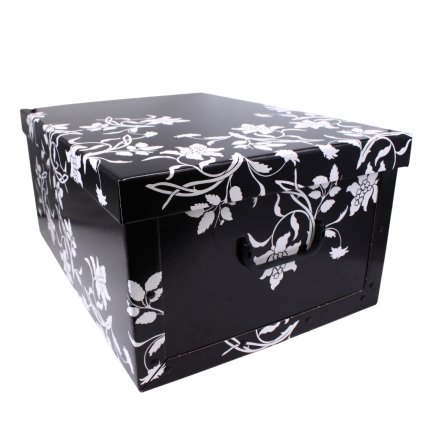 HOME ELEMENTS Úložná krabice s víkem, barva černá s květy