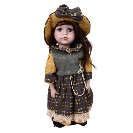 Porcelánová panenka 31 cm, hnědé/žluté šaty, hnědé vlasy