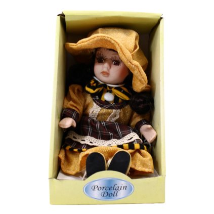 Porcelánová panenka 20 cm, šaty kostka/žlutá, hnědé vlasy