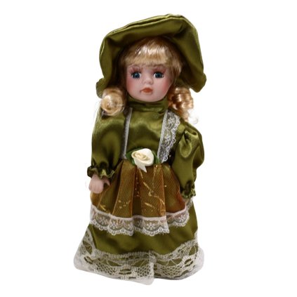 Porcelánová panenka 20 cm, zelené šaty