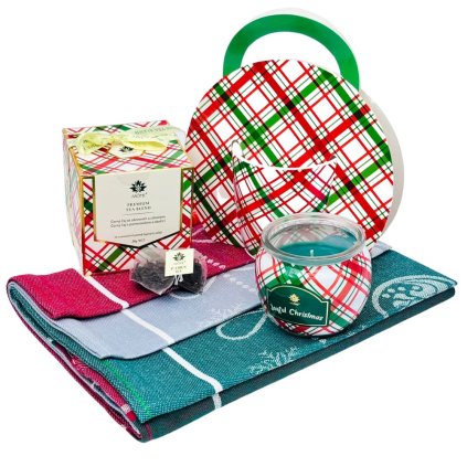 ARÔME Vánoční dárkový set - hrnek, čaj, svíčka a set utěrek Káro  ARÔME