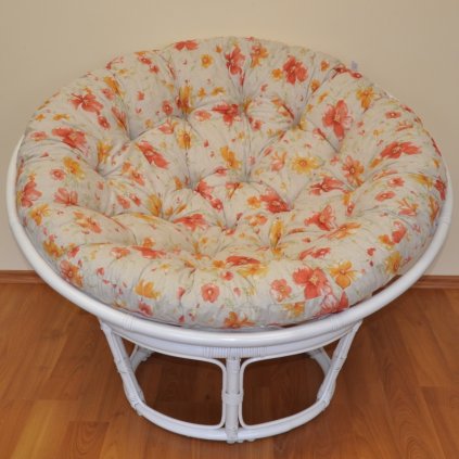 Ratanový papasan 110 cm bílý polstr motiv květiny