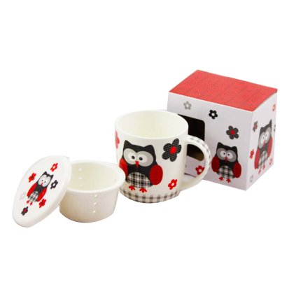 Porcelánový hrnek 390 ml se sítkem a víčkem - černá sova, II. jakost