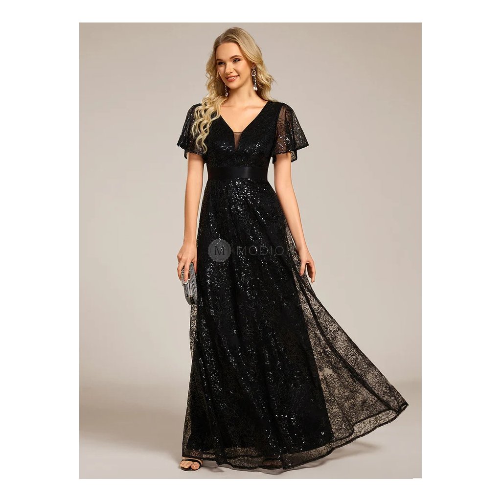 Společenské šaty černé dlouhé celotřpytivé tylové – EE02314BK | Modion.cz