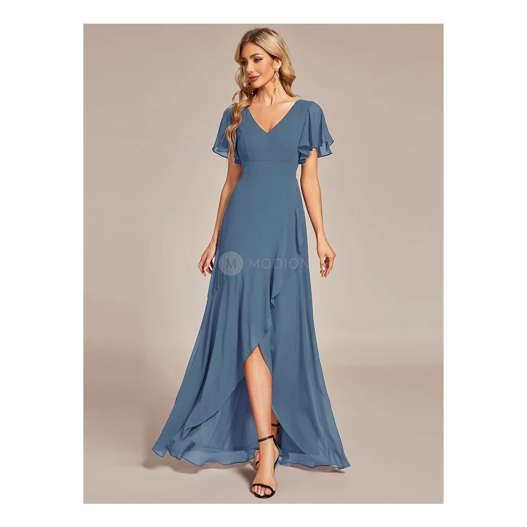 Společenské šaty modrošedé dlouhé šifonové s výstřihem do V a volánky – Model ES01749DN40 – Modion.cz