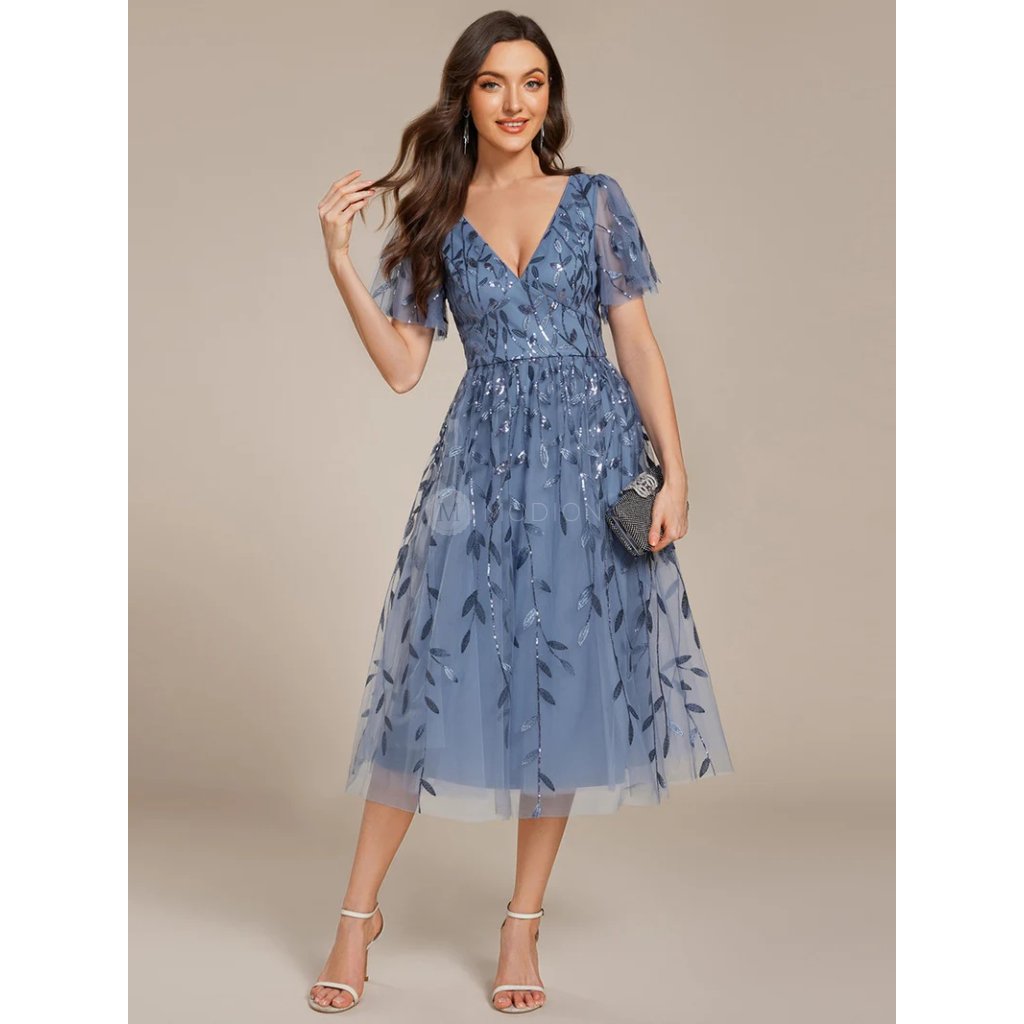 Společenské šaty modrošedé krátké tylové s flitry - EG02230DN | Modion.cz