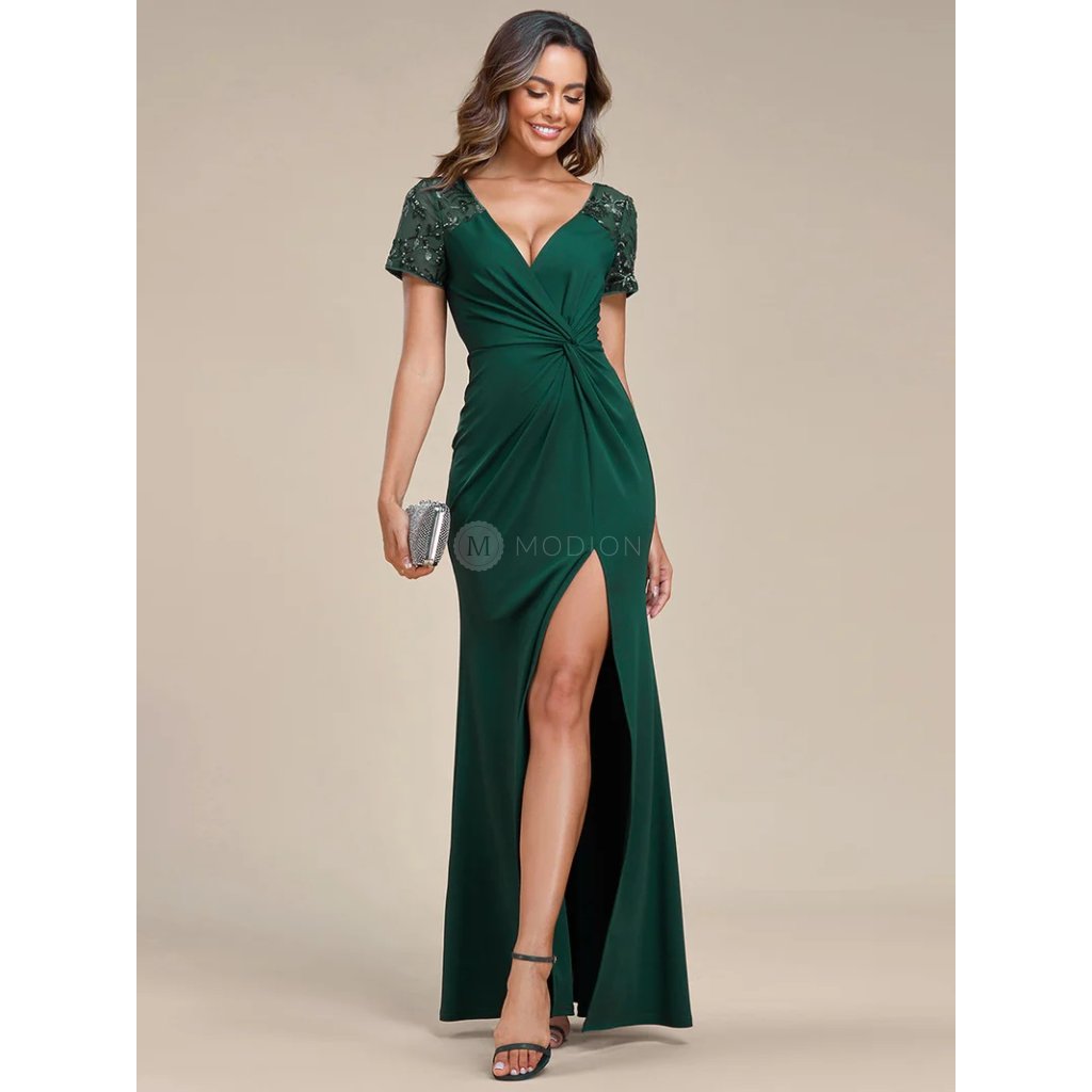 Společenské šaty tmavě zelené smaragdové dlouhé s rozparkem - EM01669DG | Modion.cz