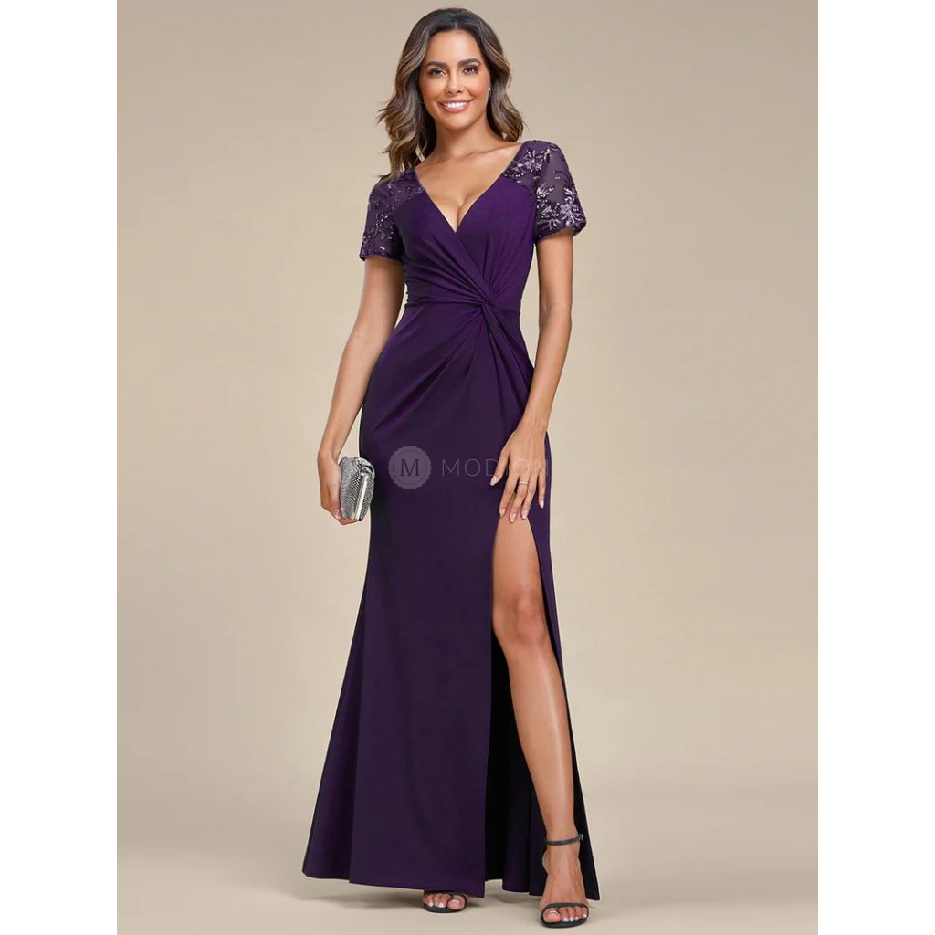 Společenské šaty fialové dlouhé s rozparkem - EM01669DP | Modion.cz