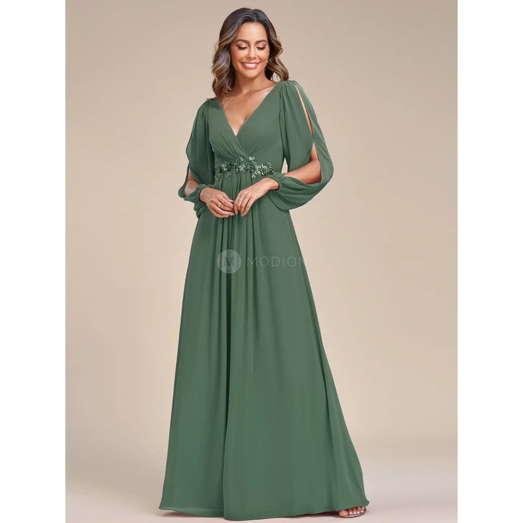 Společenské šaty zelené eukalypt dlouhé rukávy s rozparkem - EP00461EU | Modion.cz