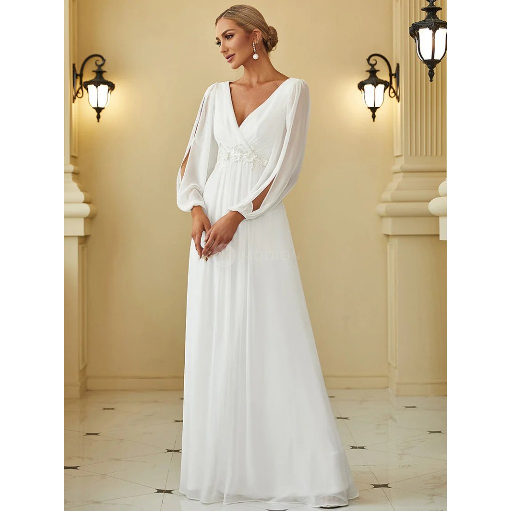 Společenské šaty bílé ecru dlouhé rukávy s rozparkem - EP00461CR | Modion.cz