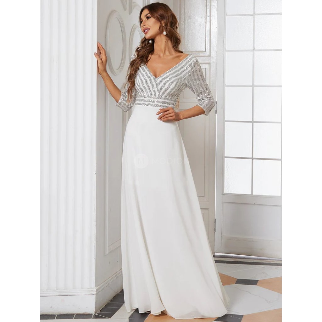 Společenské šaty bílé dlouhé třpytivé rukávy - EP00751WH | Modion.cz