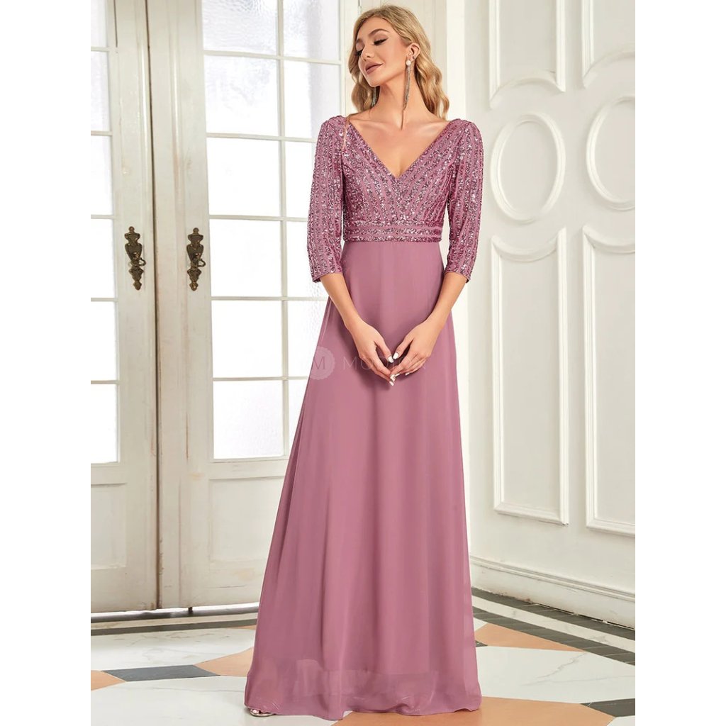 Společenské šaty starorůžové dlouhé třpytivé rukávy - EP00751OD | Modion.cz