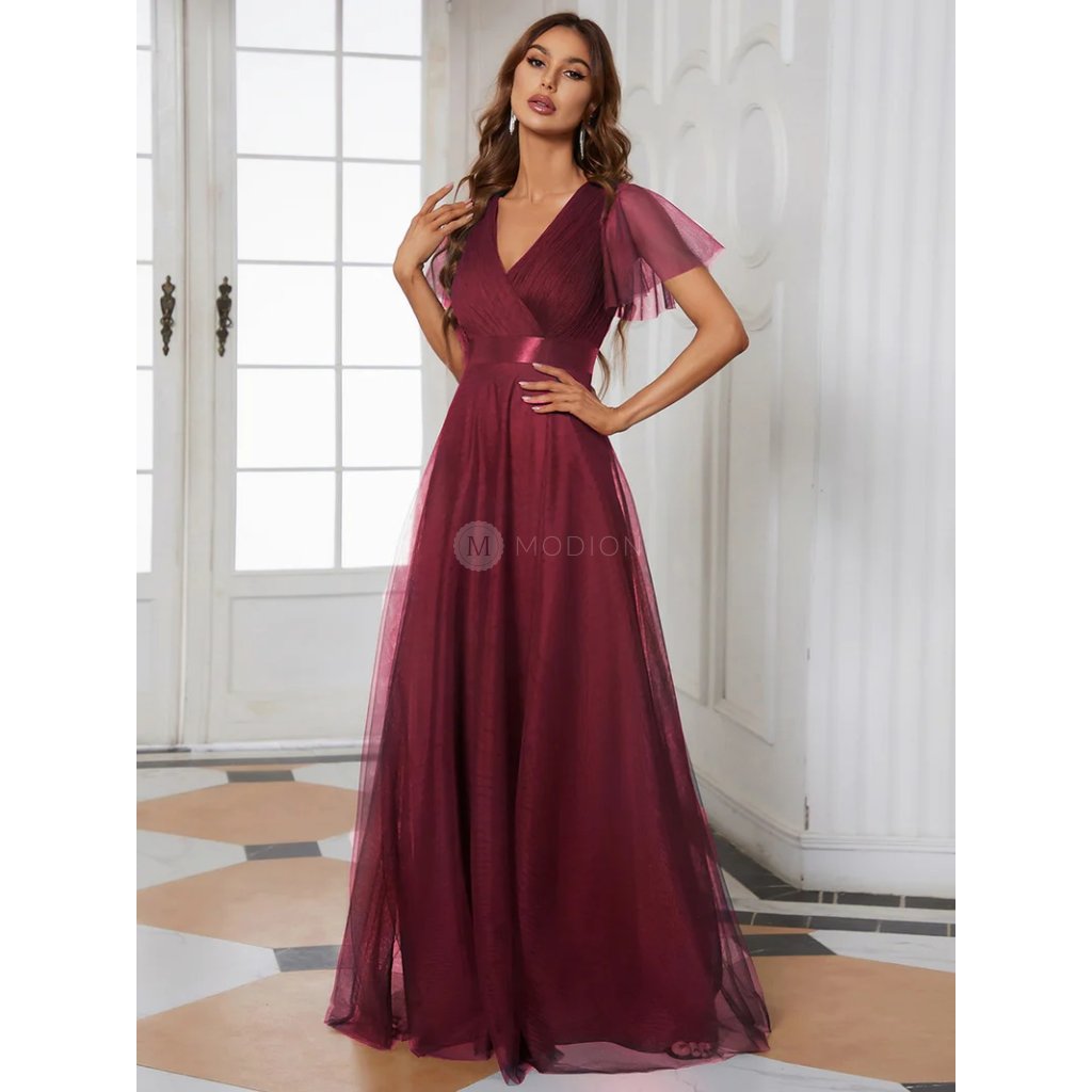 Vínové červené dlouhé společenské šaty z jemného tylu - EP07962BD | Modion.cz