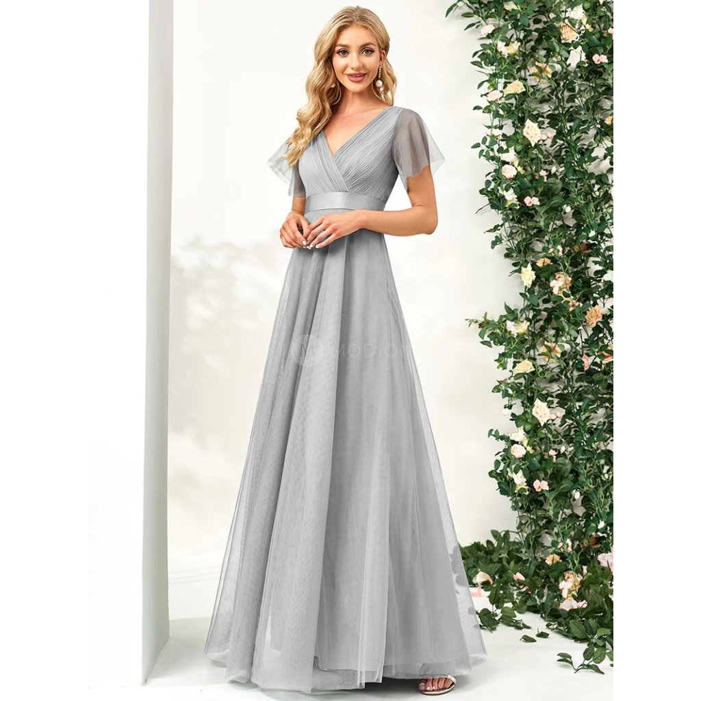 Šedé dlouhé společenské šaty z jemného tylu - EP07962GY | Modion.cz