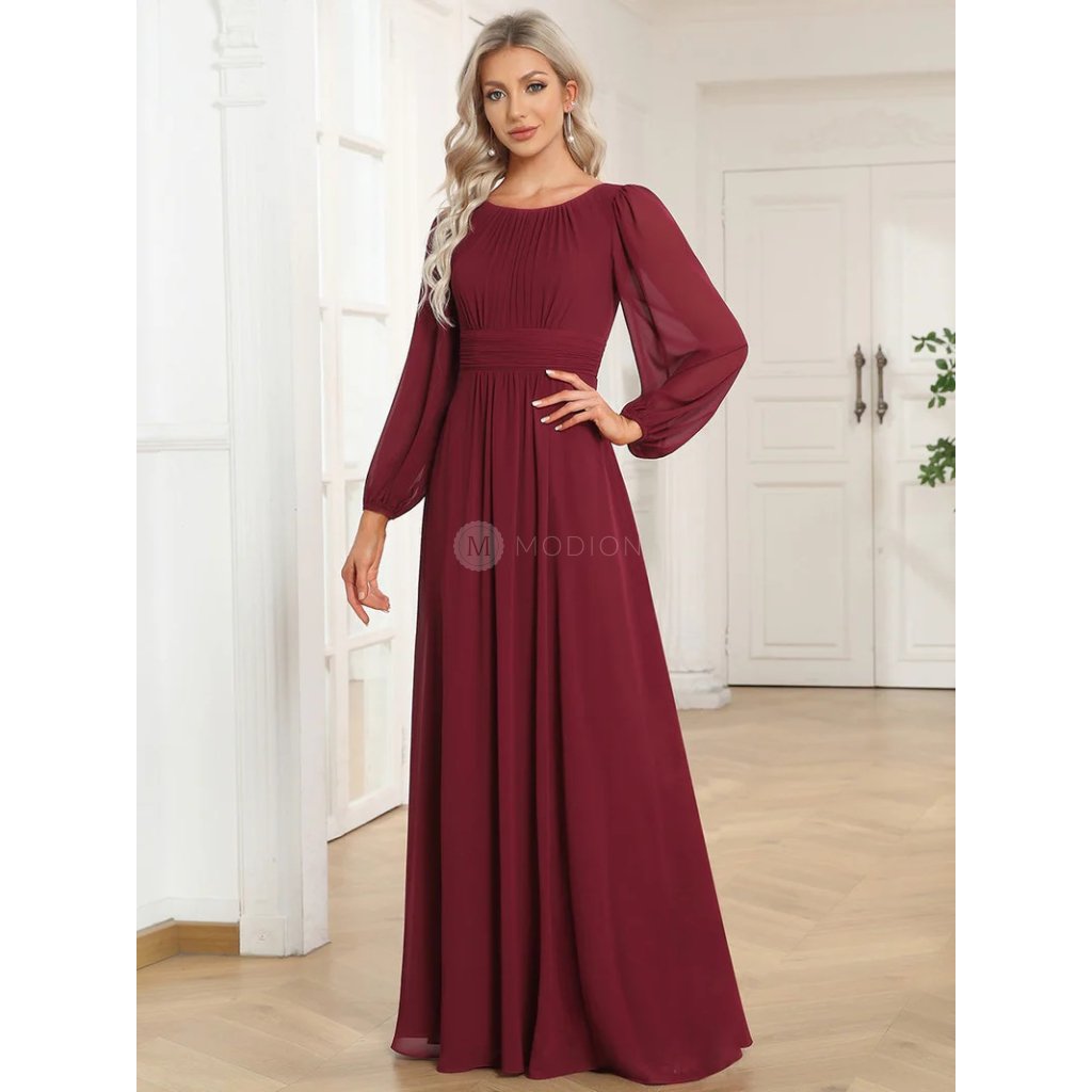 Červené vínové dlouhé společenské šaty s dlouhým rukávem - ES0106BBD | Modion.cz