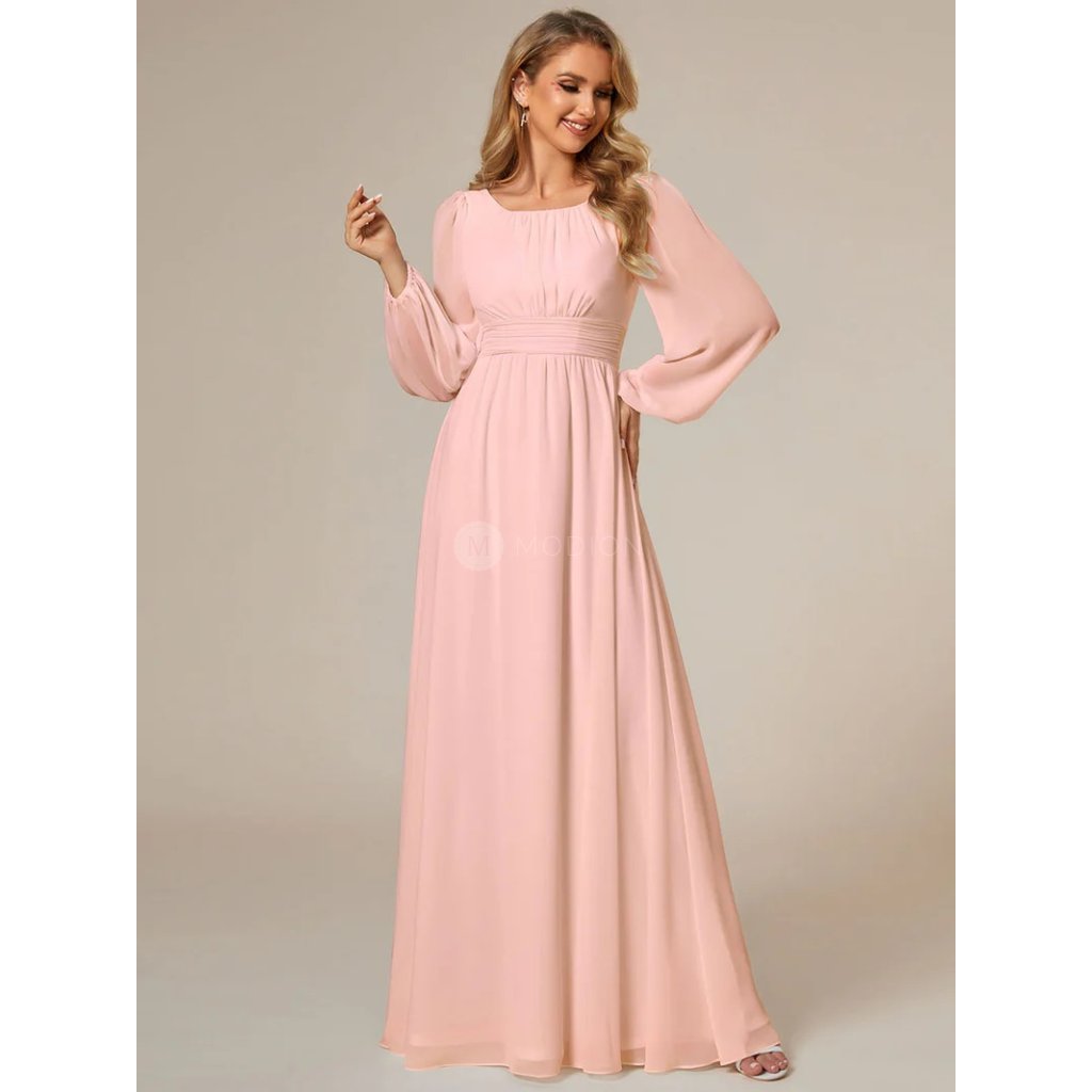 Růžové dlouhé plesové šaty s dlouhým rukávem - ES0106BPK | Modion.cz
