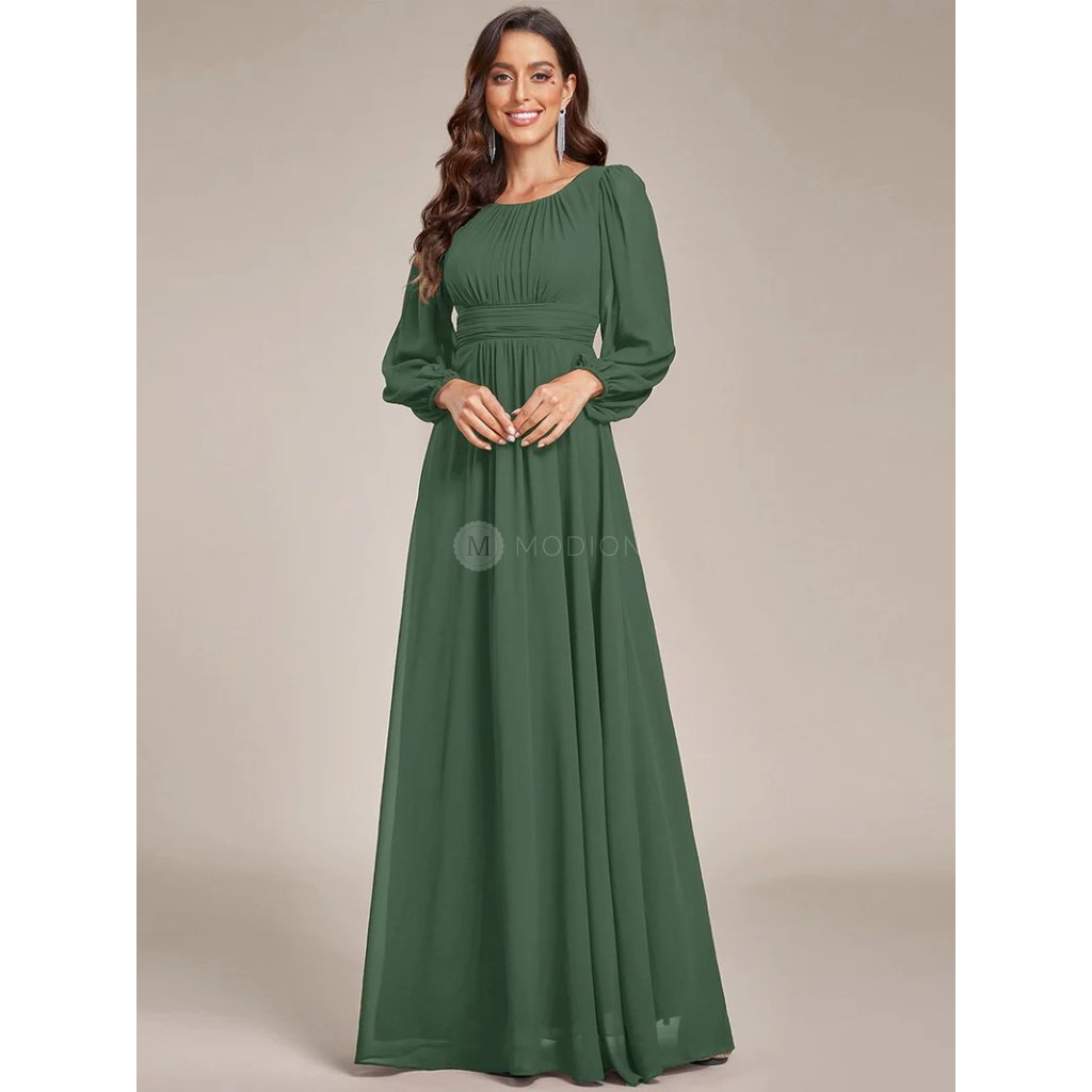 Zelené eukalyptové dlouhé společenské šaty s dlouhým rukávem - ES0106BEU | Modion.cz