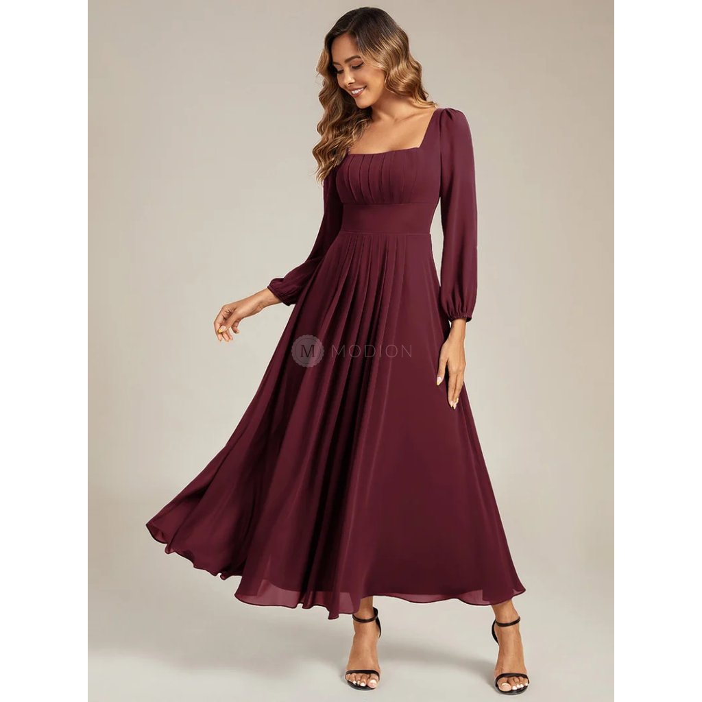 Červené vínové společenské šaty s nabíranými rukávy - ES02522BD | Modion.cz