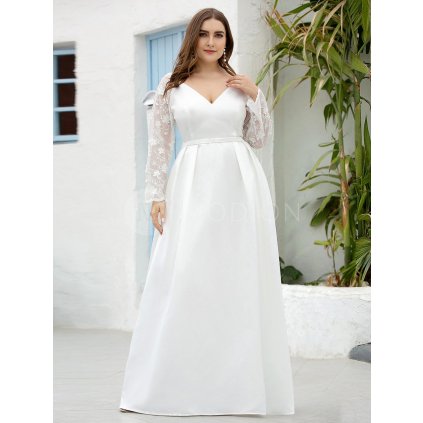Svatební šaty bílé saténové s krajkovým rukávem – Ever Pretty EP00707WH48
