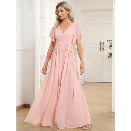 Růžové šifonové šaty dlouhé EE0164PK -  Společenské šaty, plesové šaty a svatební šaty - Modion.cz