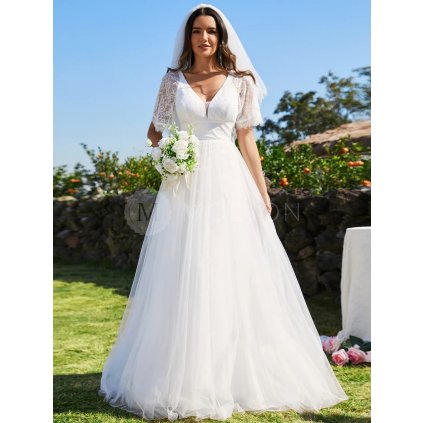 Svatební šaty s krajkovým rukávem EH02039WH - Společenské šaty, plesové šaty a svatební šaty - Modion.cz