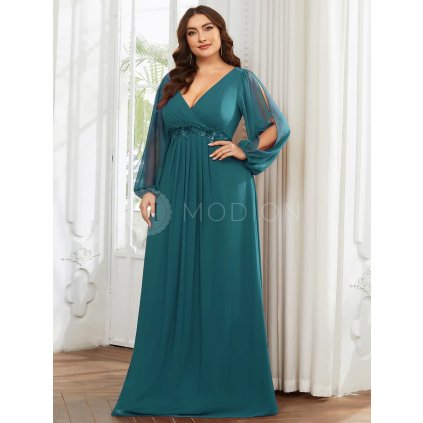 PLUS SIZE Společenské šaty s dlouhým rukávem petrolejové modré Ever Pretty EP00461TE - PLUS SIZE Společenské šaty, PLUS SIZE plesové šaty a PLUS SIZE svatební šaty - Modion.cz