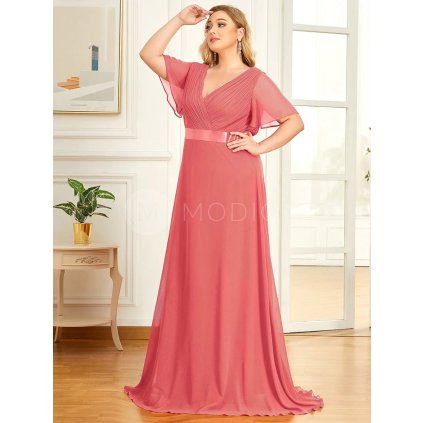 PLUS SIZE Společenské šaty korálově růžové Ever Pretty EP09890CO - PLUS SIZE Společenské šaty, PLUS SIZE šaty na svatbu, PLUS SIZE plesové šaty a PLUS SIZE svatební šaty - Modion.cz