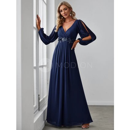 Tmavě modré dlouhé šaty s rukávy Ever Pretty EP00461NB - Společenské šaty, šaty na svatbu, plesové šaty a svatební šaty - Modion.cz