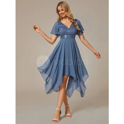 Plesové šaty modré šifonové s krajkou a krátkým rukávem – Ever Pretty ES02040DN46